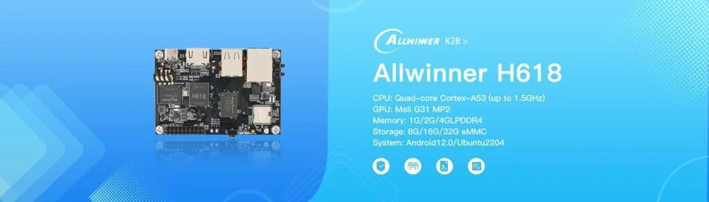 Allwinner H618 processor with specifications on blue backdrop